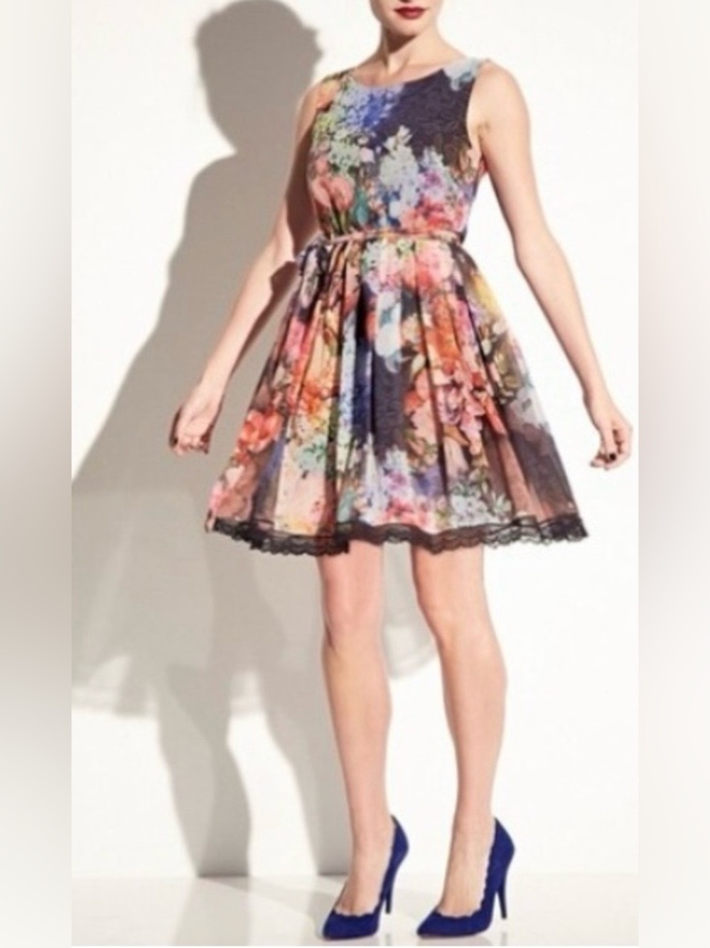 Betsey Johnson Multicolor Floral Sleeveless Mini Dress with Black Lace Trim size